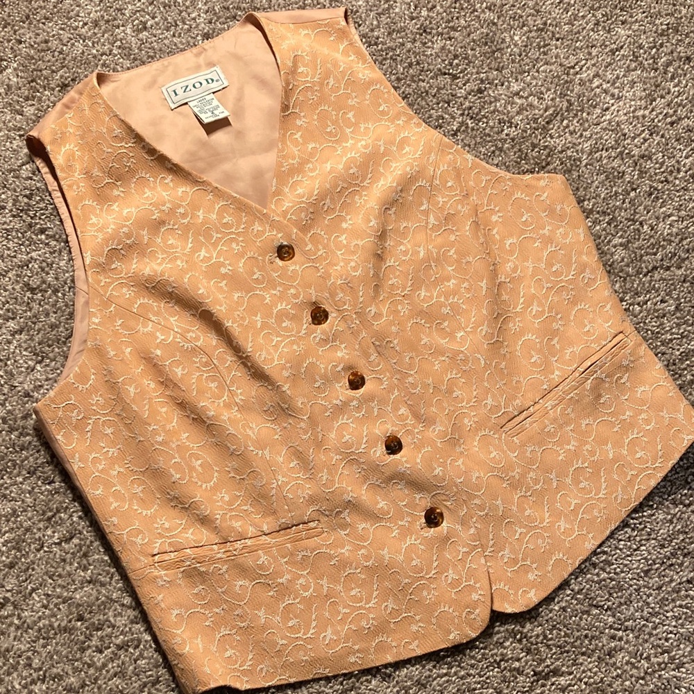 Vintage Izod Jacquard Embroidered Button Front Tie back Waistcoat Vest sz 6